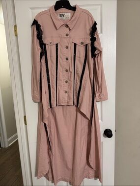 Dusty Pink Hi-Lo Long Jacket with Black Lace and Sequin Trim